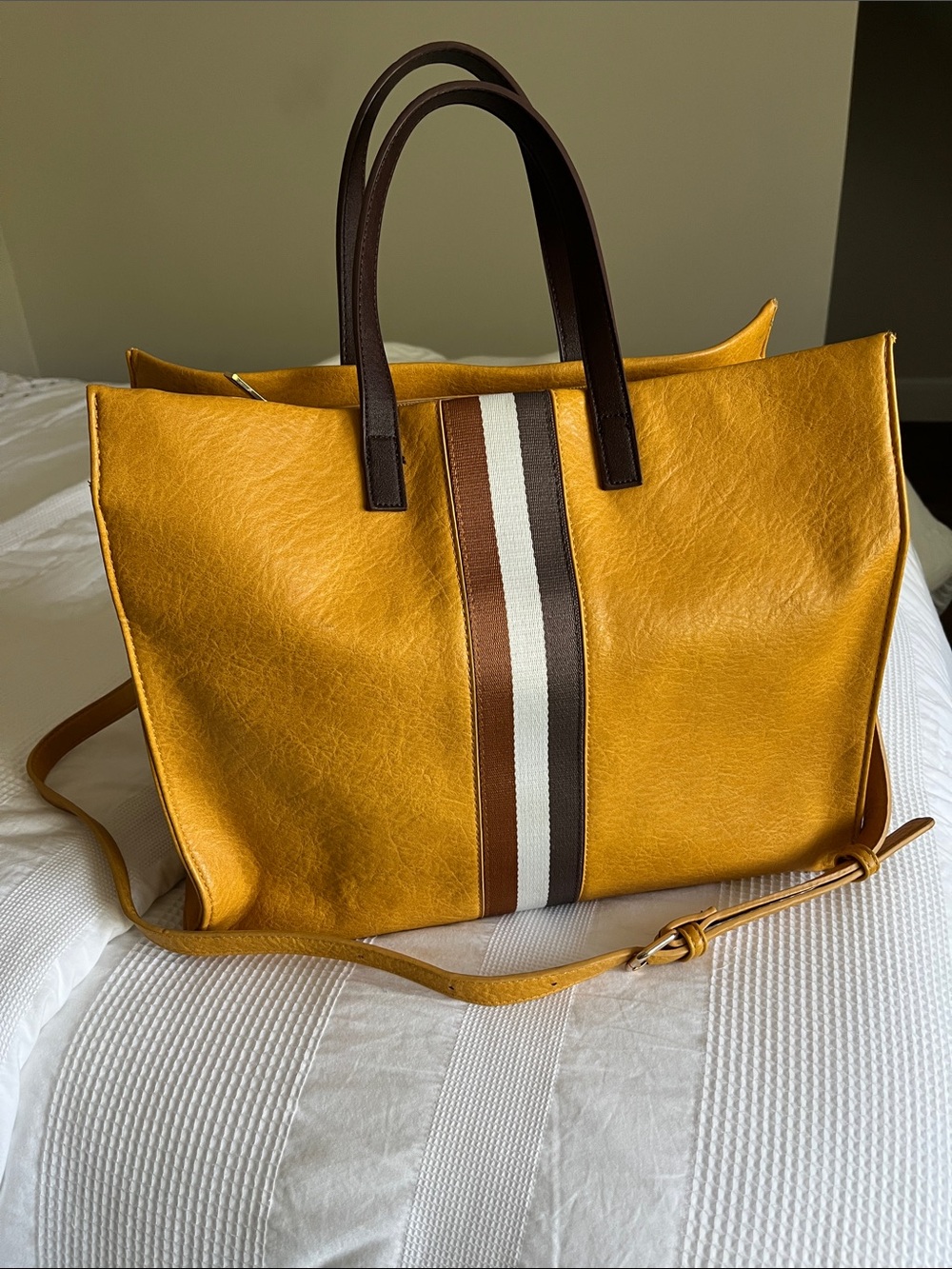 Moda Luxe Yellow Tote with Brown Trim and Stripe Detail